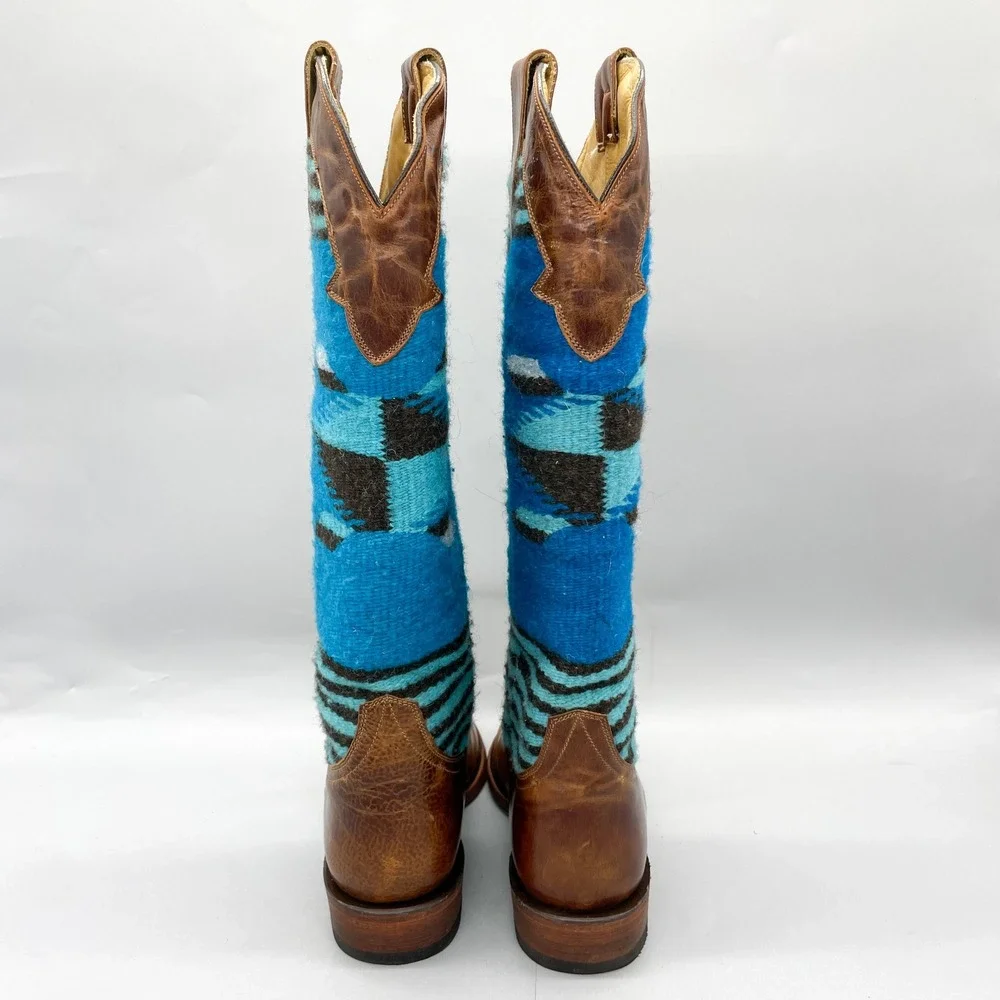 Stetson Womens 9 Serape Aztec Blanket Boots Shoe Blue Brown Tall Western Cowgirl_5